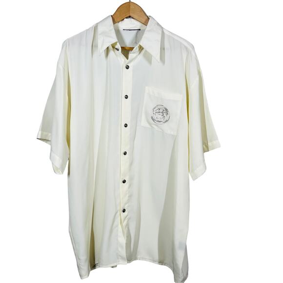 Button Up Shirt Greek Goddess Medusa Embossed Short Sleeve Ivory Resort Casual L - Picture 1 of 9